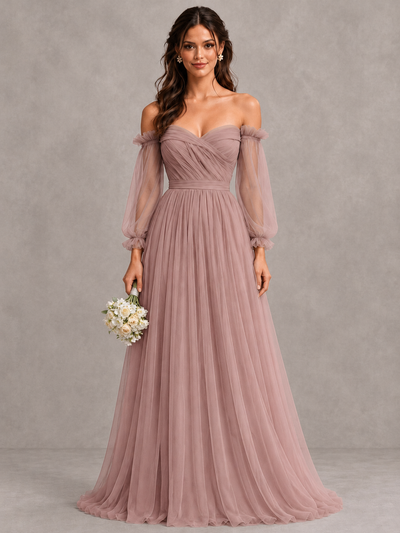 BOLODOO Dusty Rose Off-the-Shoulder Long Sleeve A-Line Bridesmaid Dress - Dusty Rose - Dusty Rose (1)