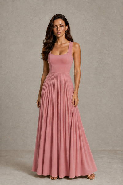 BOLODOO Dusty Rose Square Neck Wide Strap Lace-Up Back Pleated A-Line Chiffon Maxi Dress - Dusty Rose