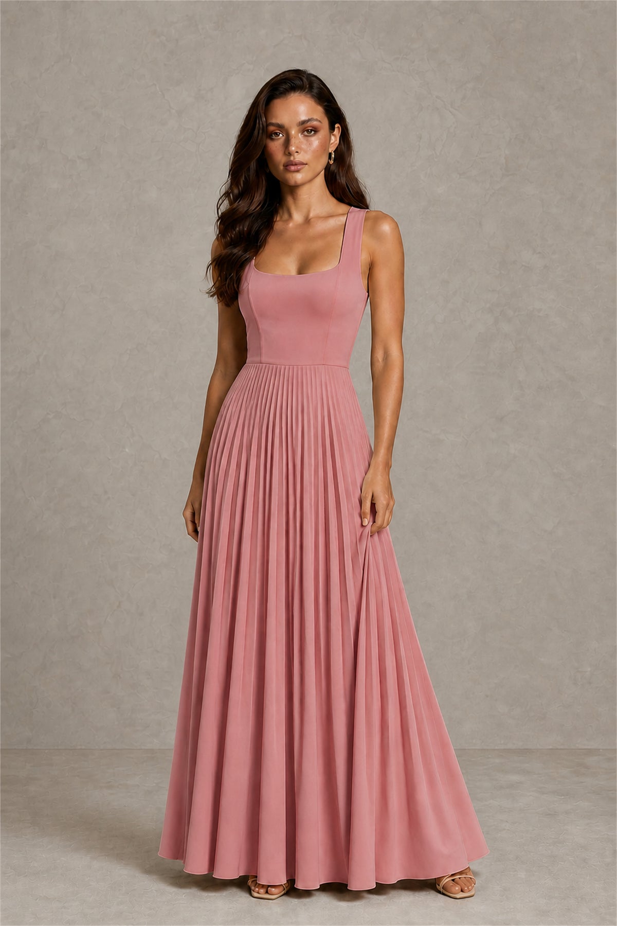 BOLODOO Dusty Rose Square Neck Wide Strap Lace-Up Back Pleated A-Line Chiffon Maxi Dress - Dusty Rose