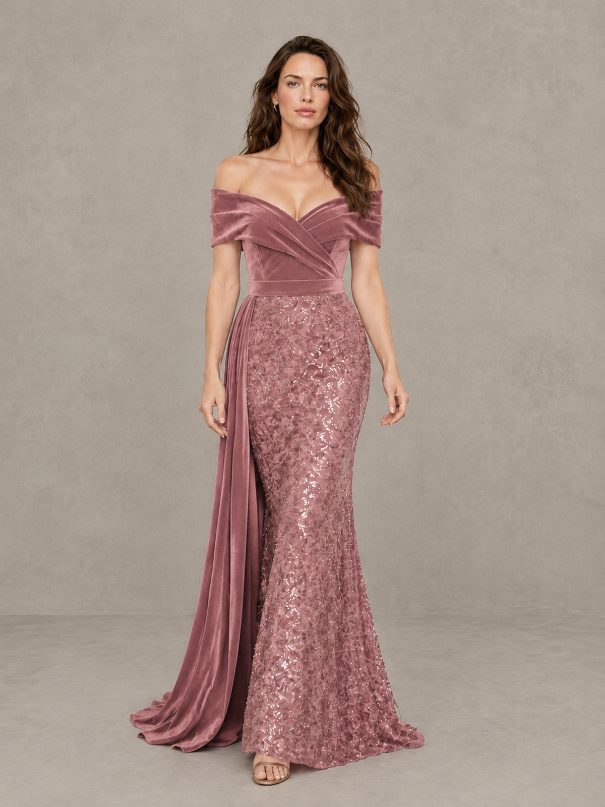 BOLODOO Dusty Rose Off-Shoulder Velvet & Sequin Evening Gown with Side Train - Dusty Rose - Dusty Rose (1)