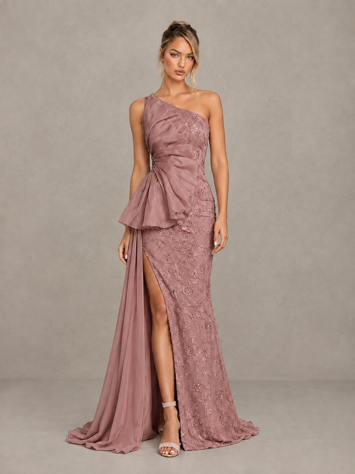 BOLODOO Dusty Rose One-Shoulder Floral Lace Evening Gown with High Slit - Dusty Rose - Dusty Rose (1)