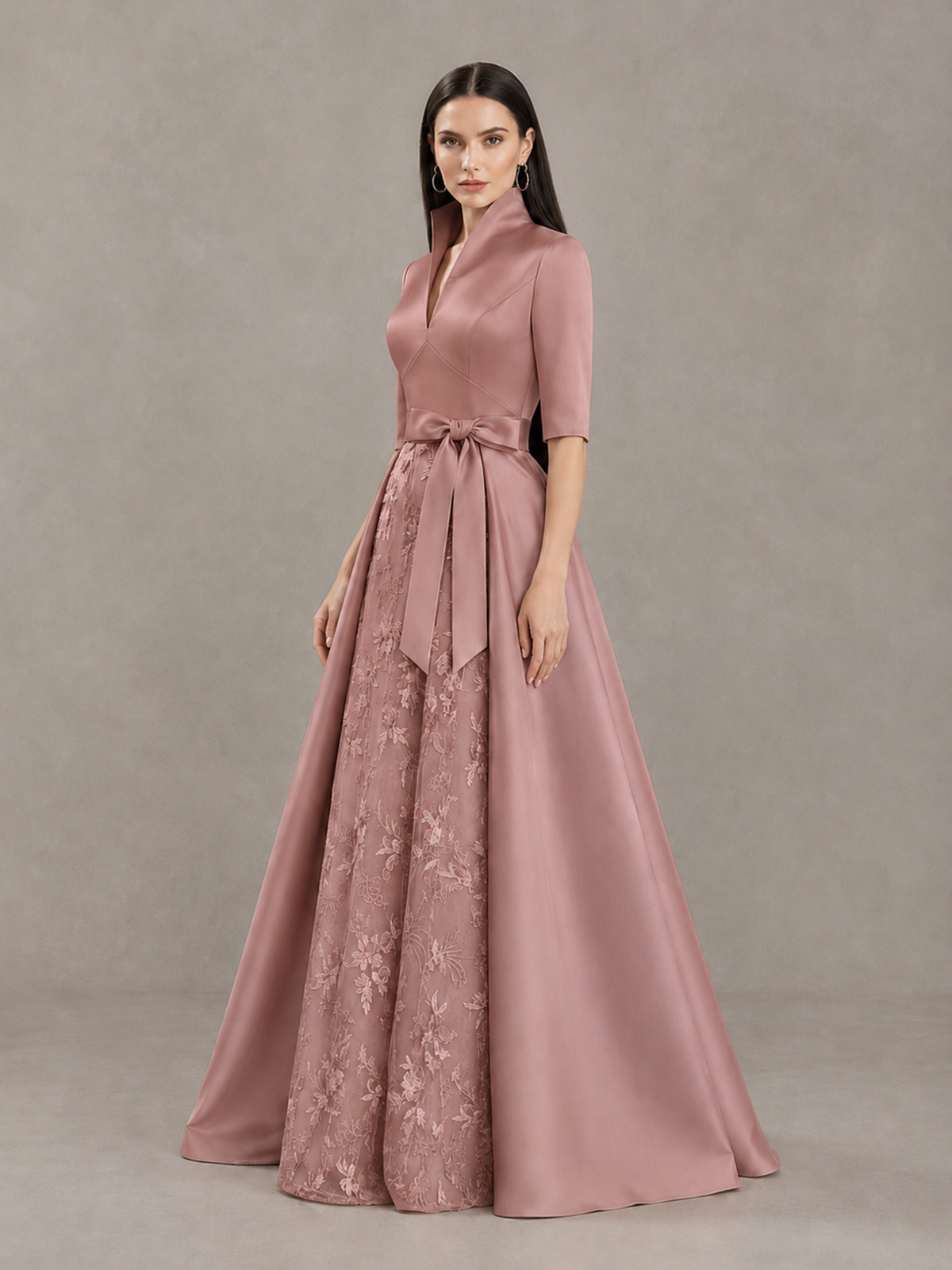 BOLODOO Dusty Rose Stand Collar Bow Waist Floral Embroidered Evening Gown - Dusty Rose - Dusty Rose (1)