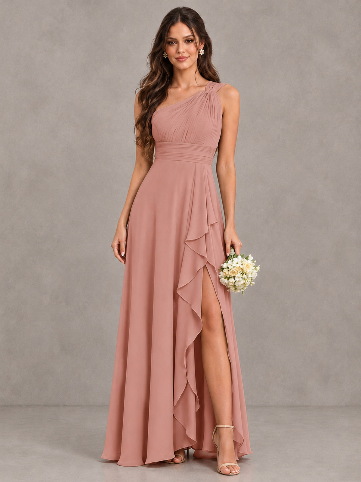 BOLODOO Dusty Rose One-Shoulder Ruffle Bridesmaid Dress with Slit - Dusty Rose - Dusty Rose (1)