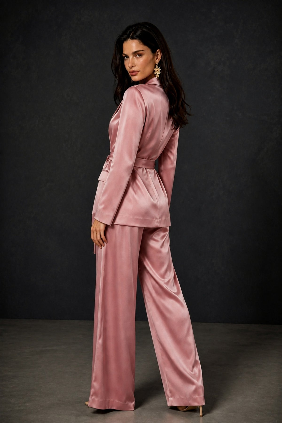 BOLODOO Dusty Rose Satin Wrap Blazer Wide-Leg Pants Two-Piece Suit Set – Evening Gala Wedding Guest - Dusty Rose