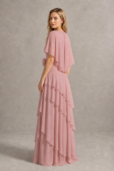 BOLODOO Dusty Rose Chiffon Flutter Sleeve Tiered Maxi Dress with 3D Rosette - Dusty Rose