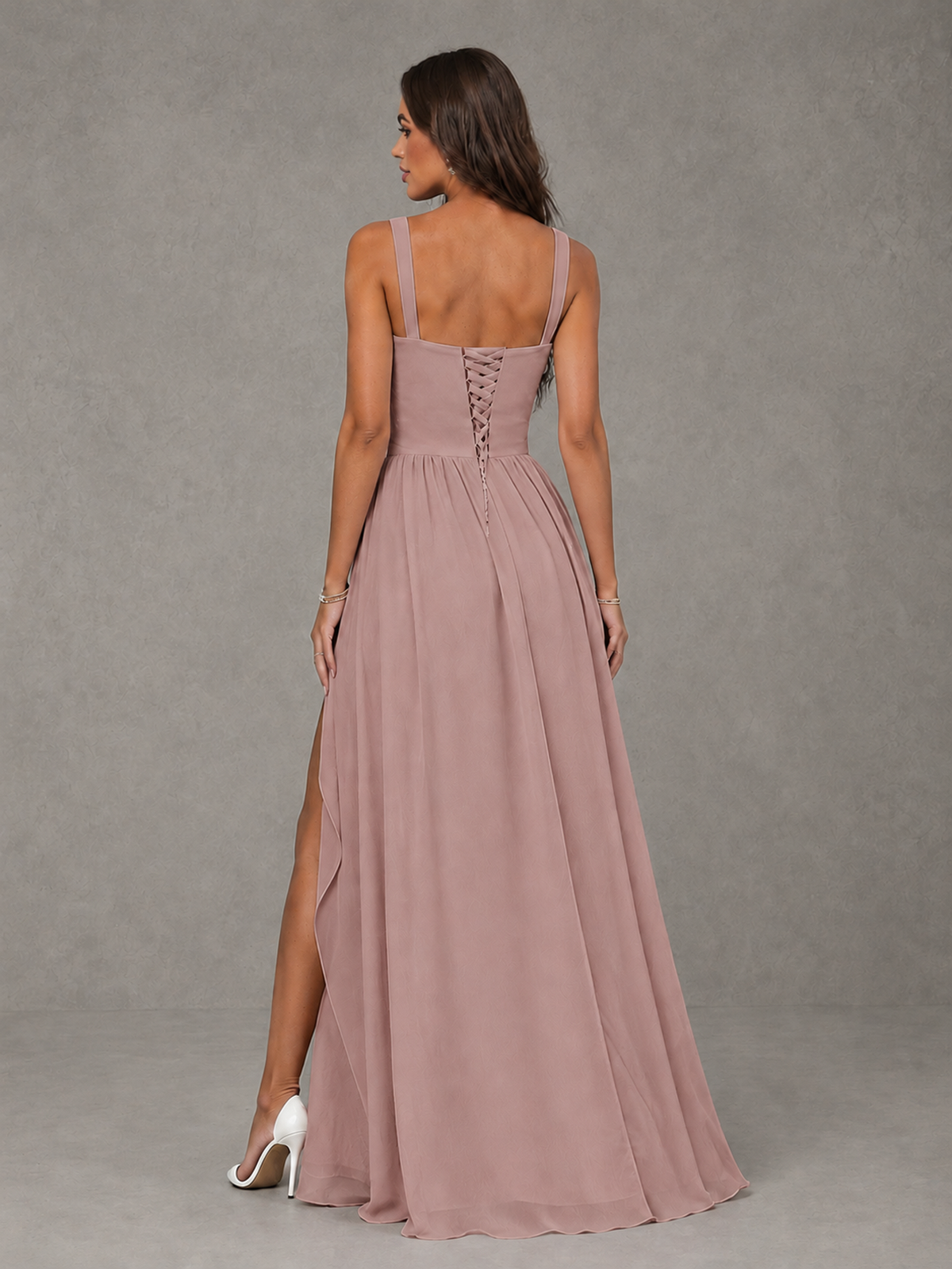 BOLODOO Dusty Rose A-Line Bridesmaid Dress with High Slit & Lace-Up Back - Dusty Rose - Dusty Rose (2)
