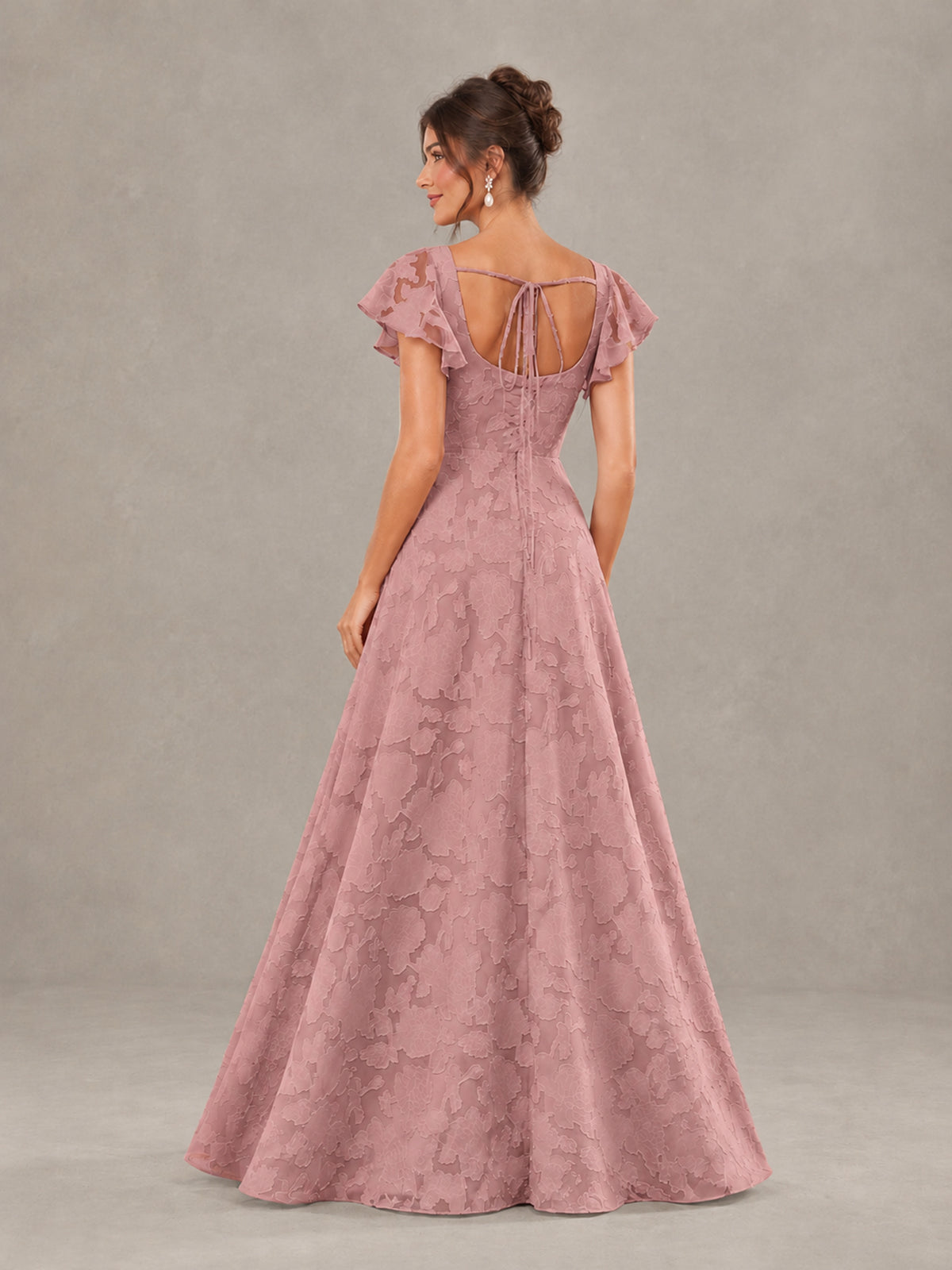 BOLODOO Dusty Rose Floral Flutter Sleeve Bridesmaid Dress with Slit - Dusty Rose - Dusty Rose (2)