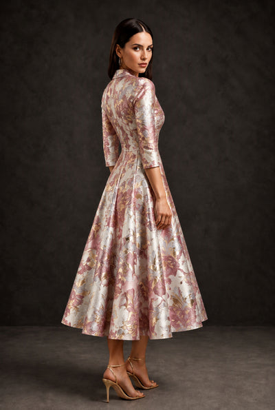BOLODOO Dusty Rose Gold Floral Jacquard Wrap Midi Dress with Three-Quarter Sleeves - Dusty Rose - Dusty Rose (2)