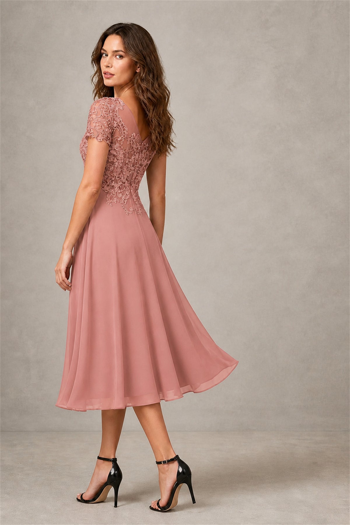BOLODOO Steel Dusty Rose Beaded Lace Illusion Bodice Chiffon Tea-Length Dress | Mother of the Bride & Cocktail Party - Dusty Rose