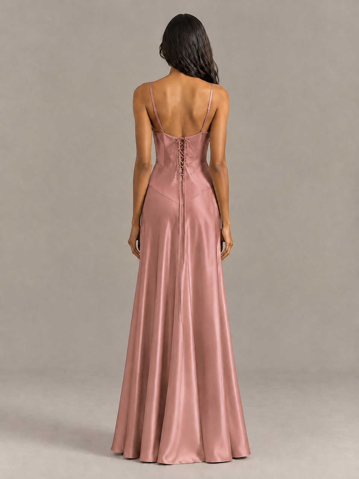 BOLODOO Dusty Rose Satin Lace-Up Back Maxi Dress - Dusty Rose
