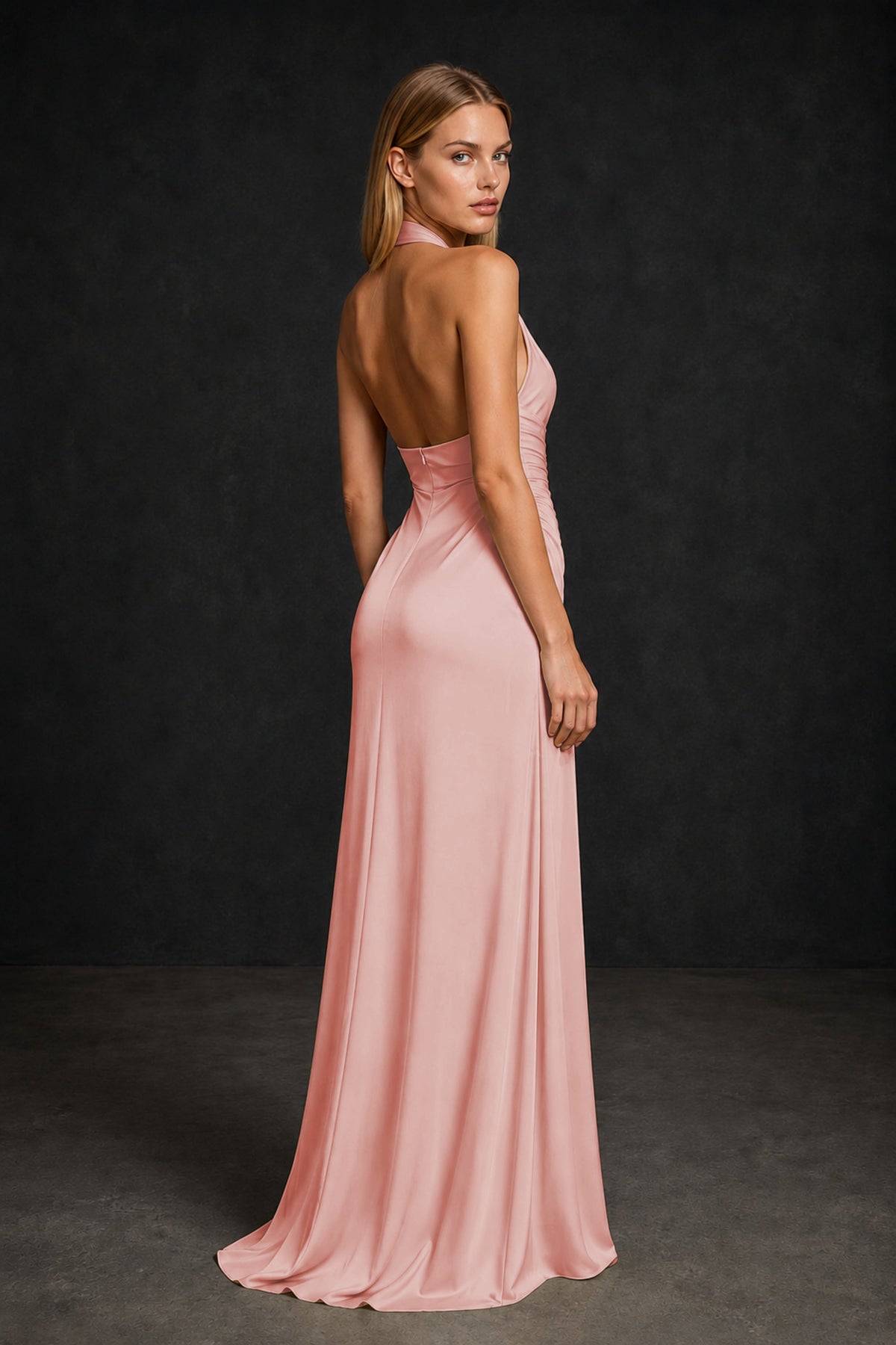 BOLODOO Dusty Rose Twisted Halter Neck Ruched Sleeveless Open Back Floor-Length Gown - Dusty Rose