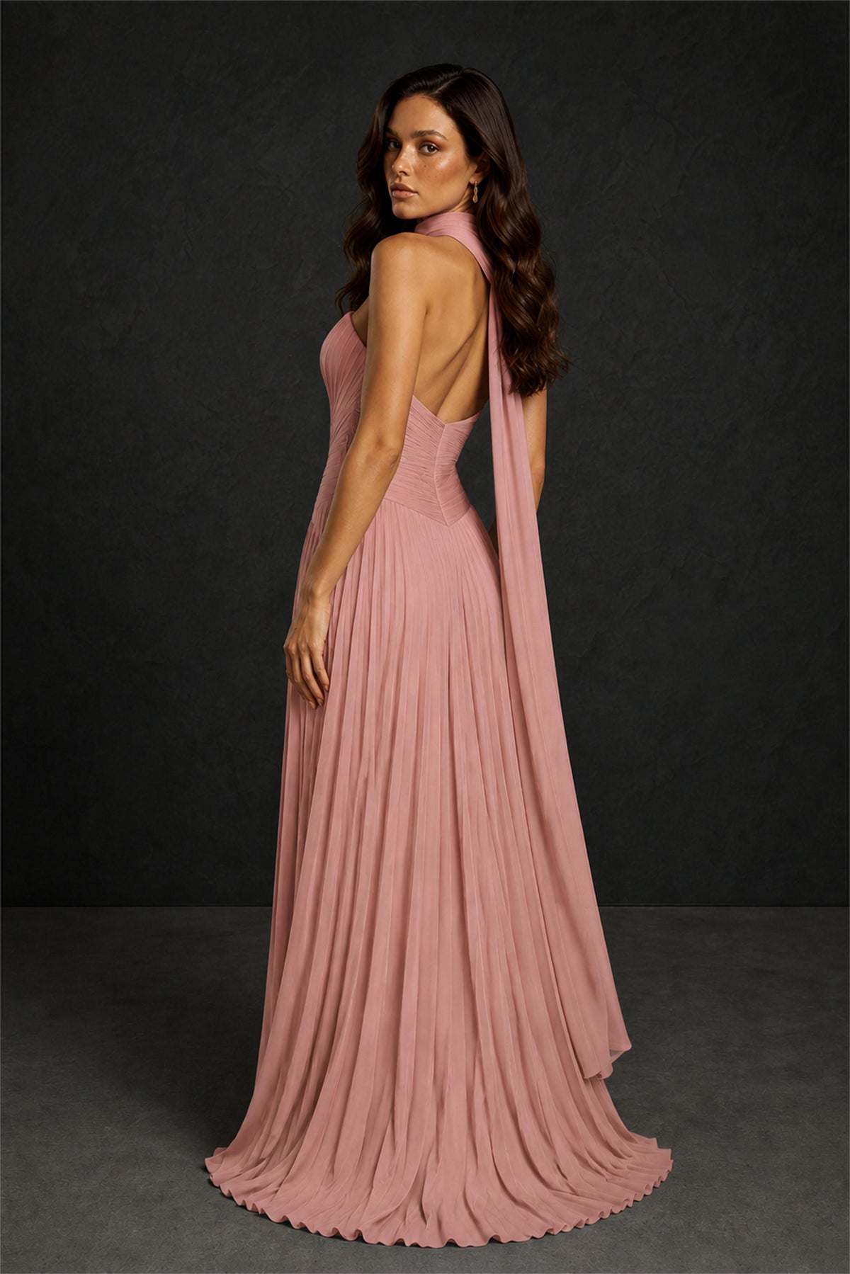 BOLODOO Dusty Rose Sweetheart Strapless Neck Scarf Pleated Backless A-Line Chiffon Maxi Dress - Dusty Rose