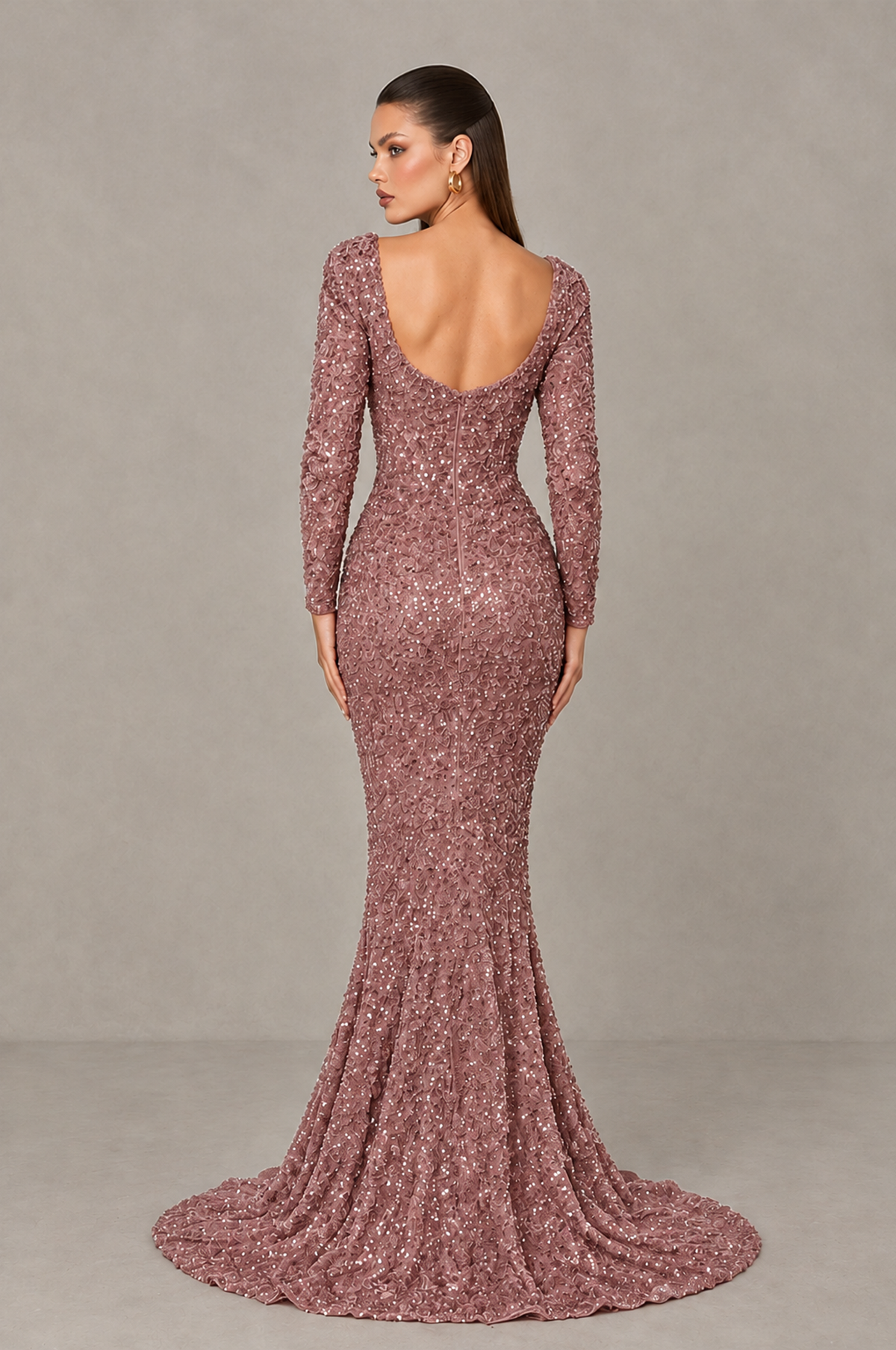BOLODOO Dusty Rose Sequin Long Sleeve Evening Gown with High Slit - Dusty Rose - Dusty Rose (2)
