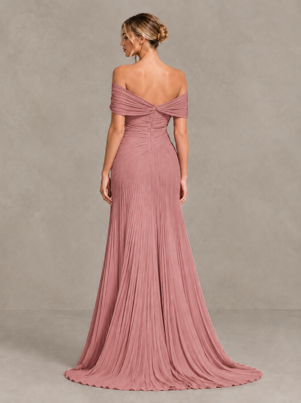 BOLODOO Dusty Rose Off-Shoulder Ruched Pleated Maxi Dress with High Slit - Dusty Rose - Dusty Rose (2)