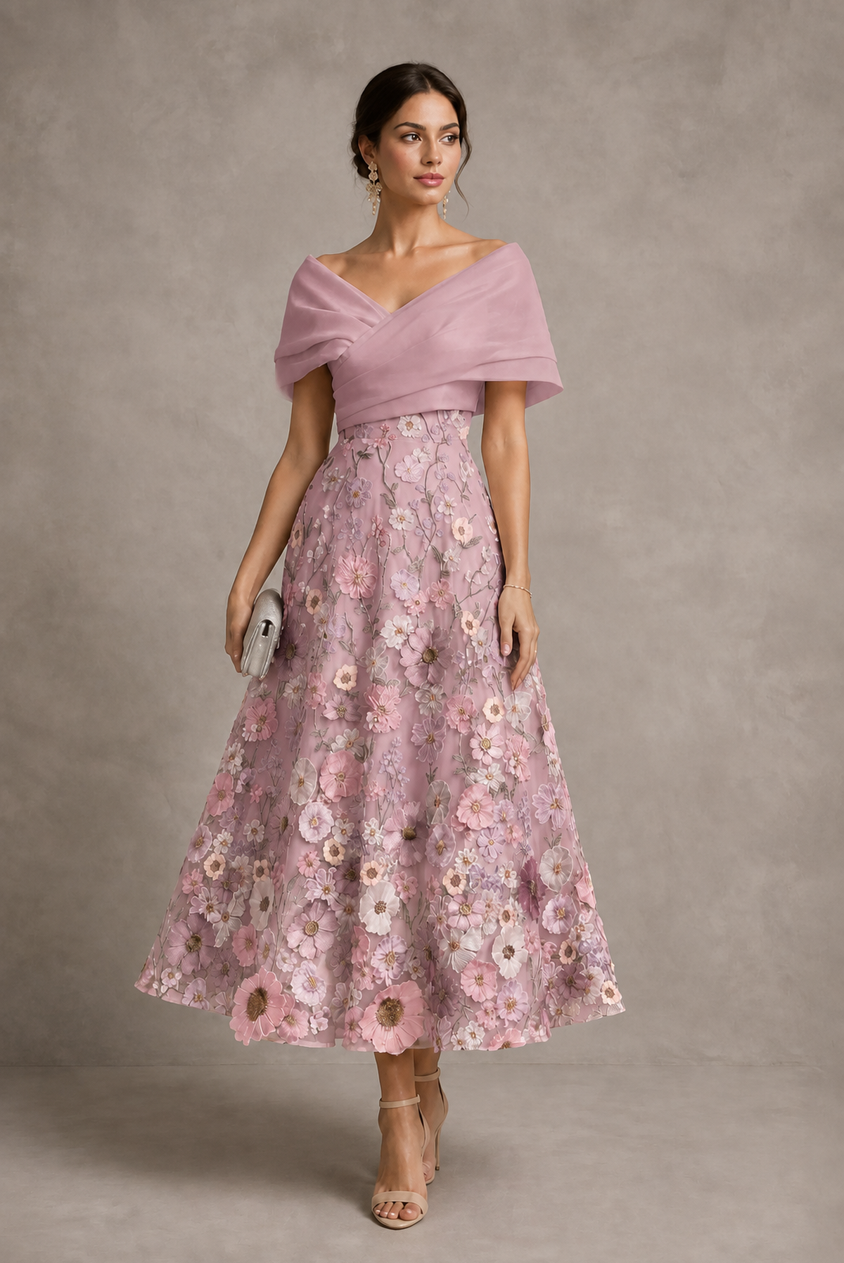 Dusty Rose Off-Shoulder Satin & 3D Floral Embroidered Tulle Tea Length A-Line Dress - Dusty Rose