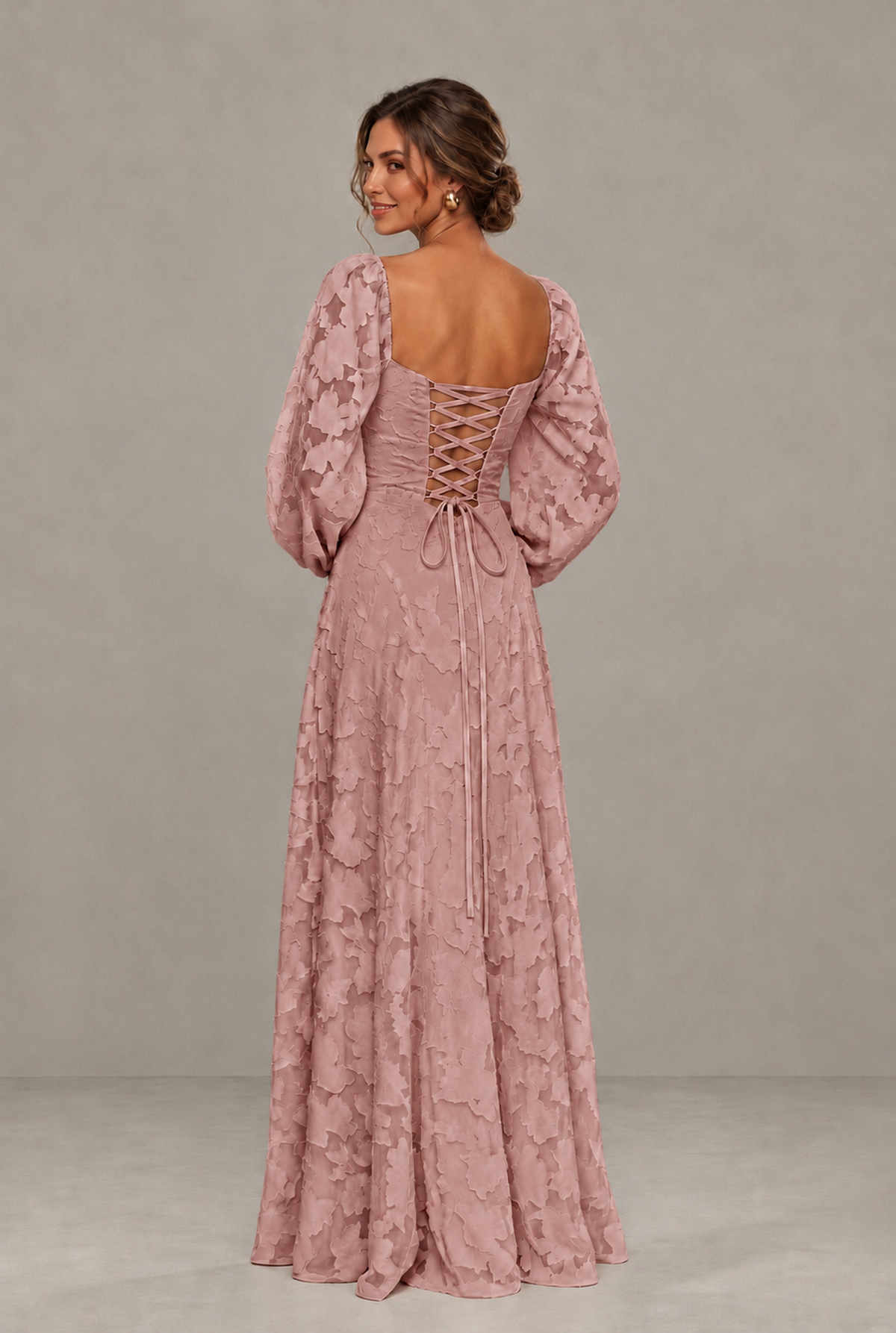 BOLODOO Floral Dusty Rose Long Sleeve A-Line Dress with Lace-Up Back - Dusty Rose