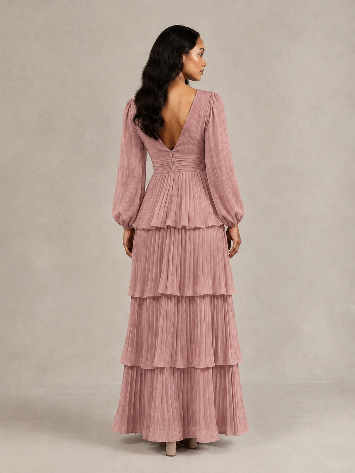 BOLODOO Dusty Rose Long-Sleeve Tiered Maxi Dress with Deep V-Neck - Dusty Rose
