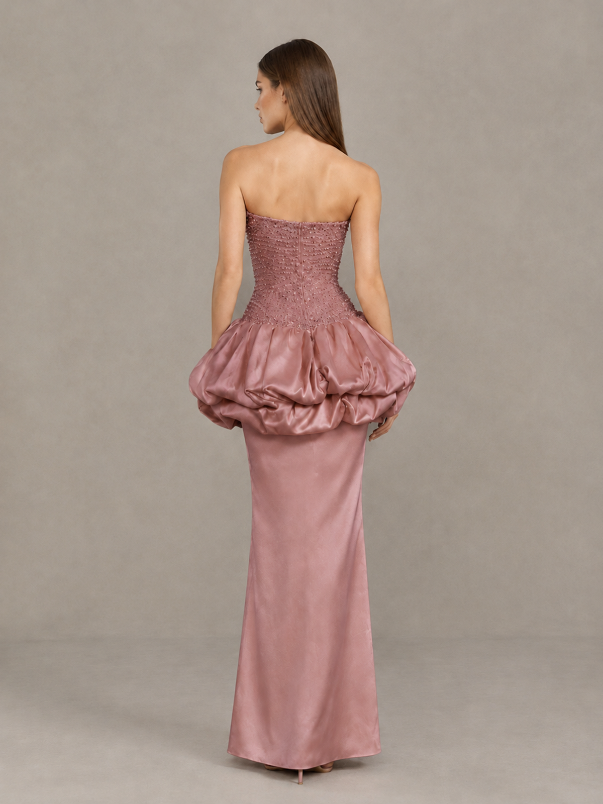 BOLODOO Dusty Rose Strapless Embellished Bubble Peplum Evening Dress - Dusty Rose - Dusty Rose (2)