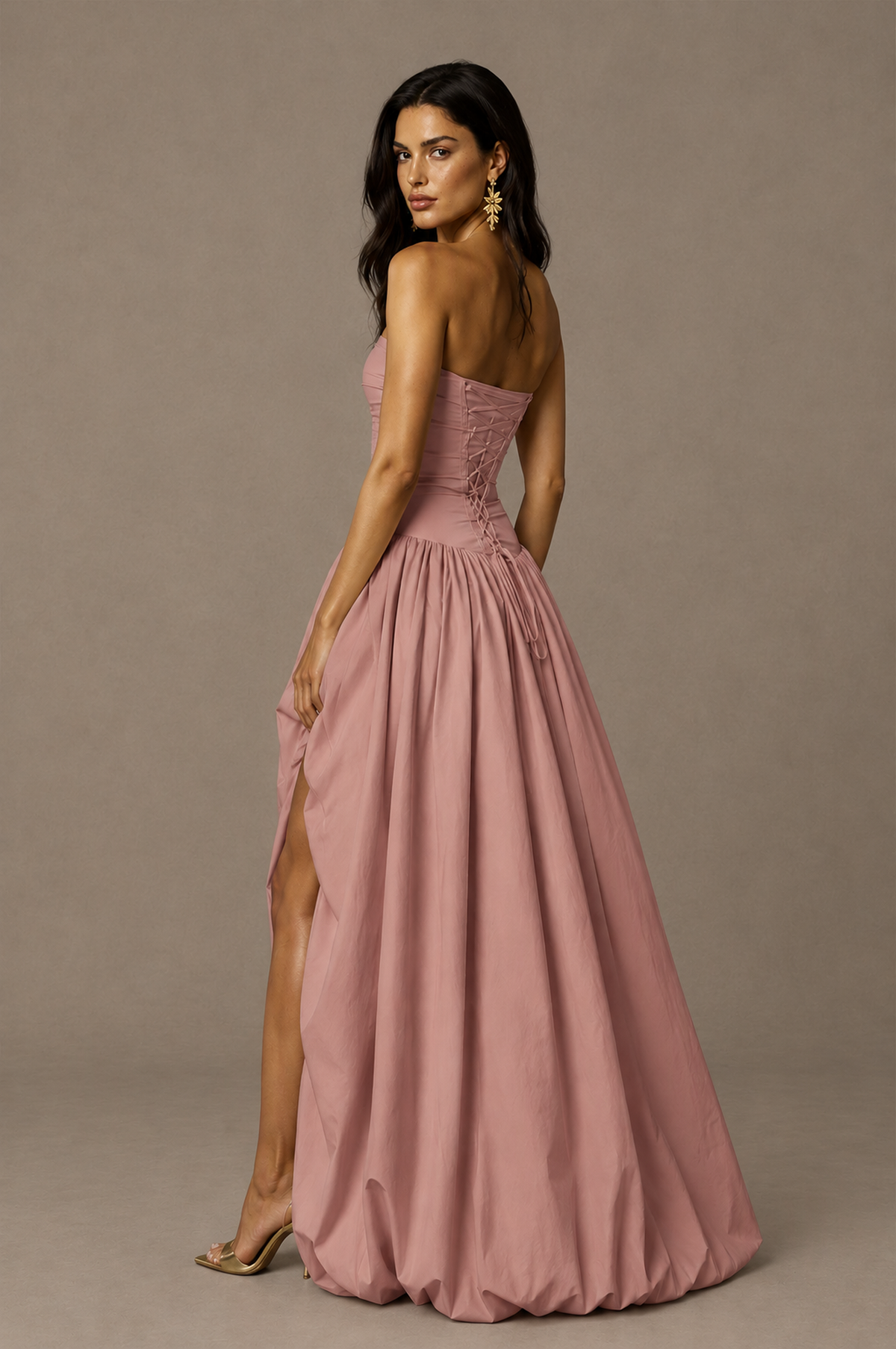 BOLODOO Dusty Rose Strapless Ruched Corset Lace-Up Back Bubble Skirt High Slit Taffeta Maxi Dress - Dusty Rose