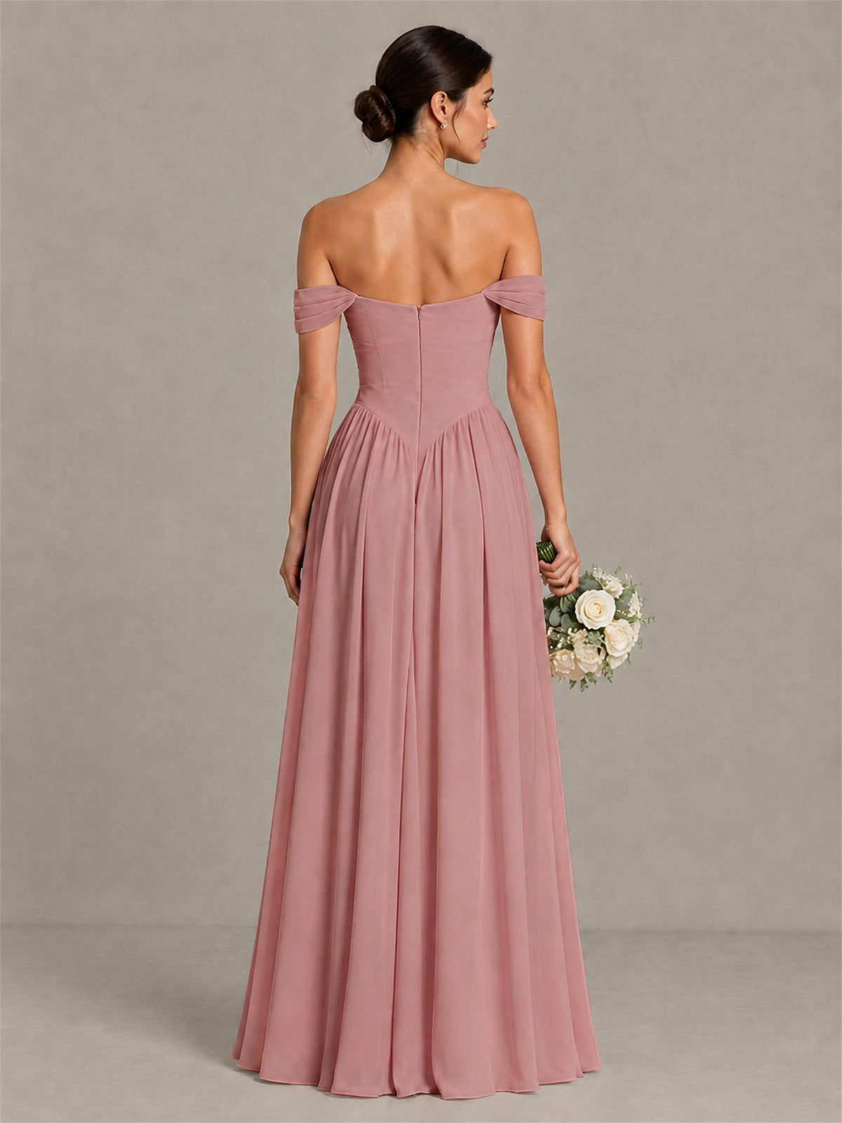 BOLODOO Dusty Rose Off-Shoulder Chiffon A-Line Bridesmaid Dress - Dusty Rose