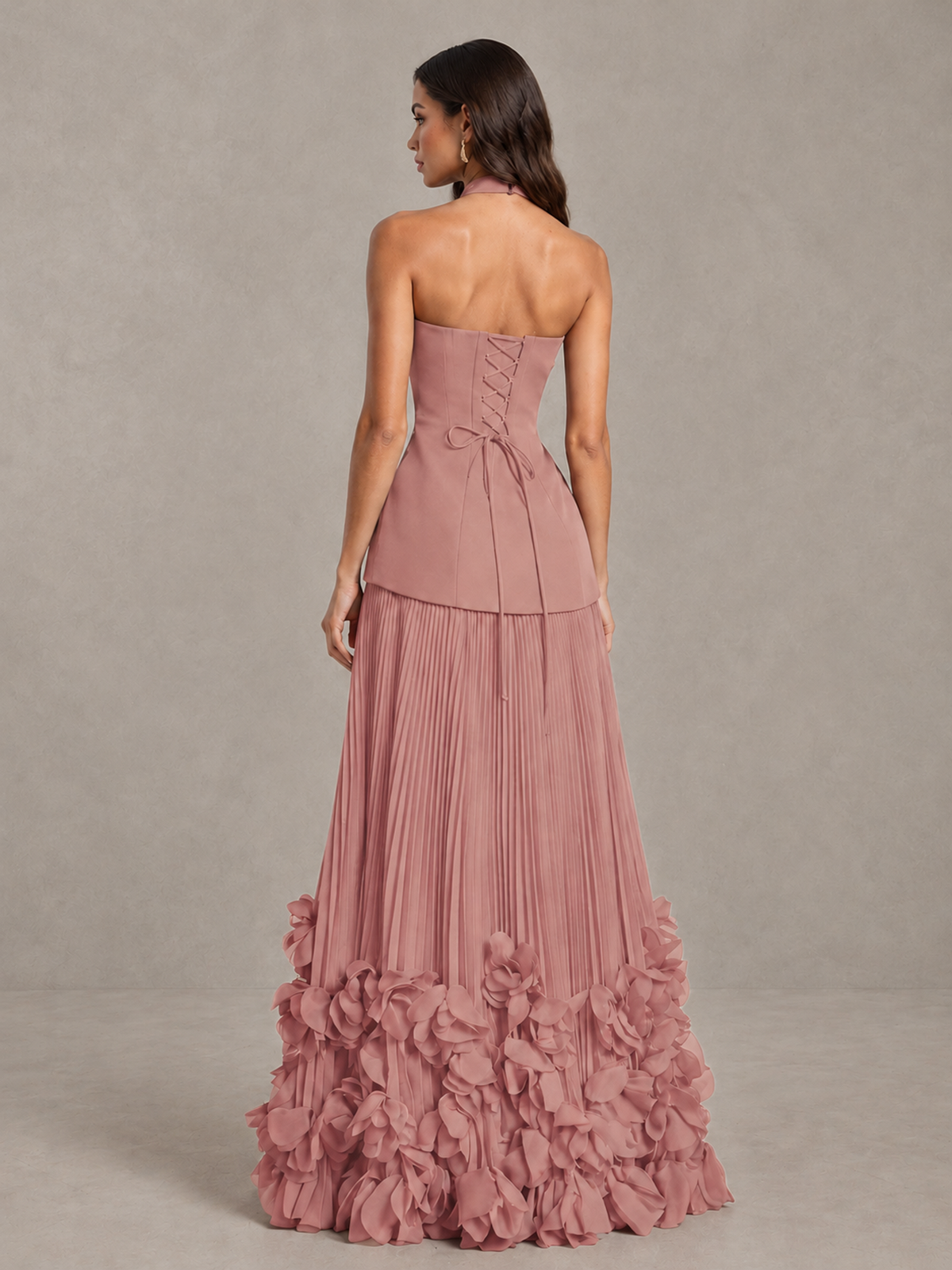 BOLODOO Dusty Rose Halter Neck Floor-Length Evening Gown with High Slit & 3D Floral Hem - Dusty Rose - Dusty Rose (2)