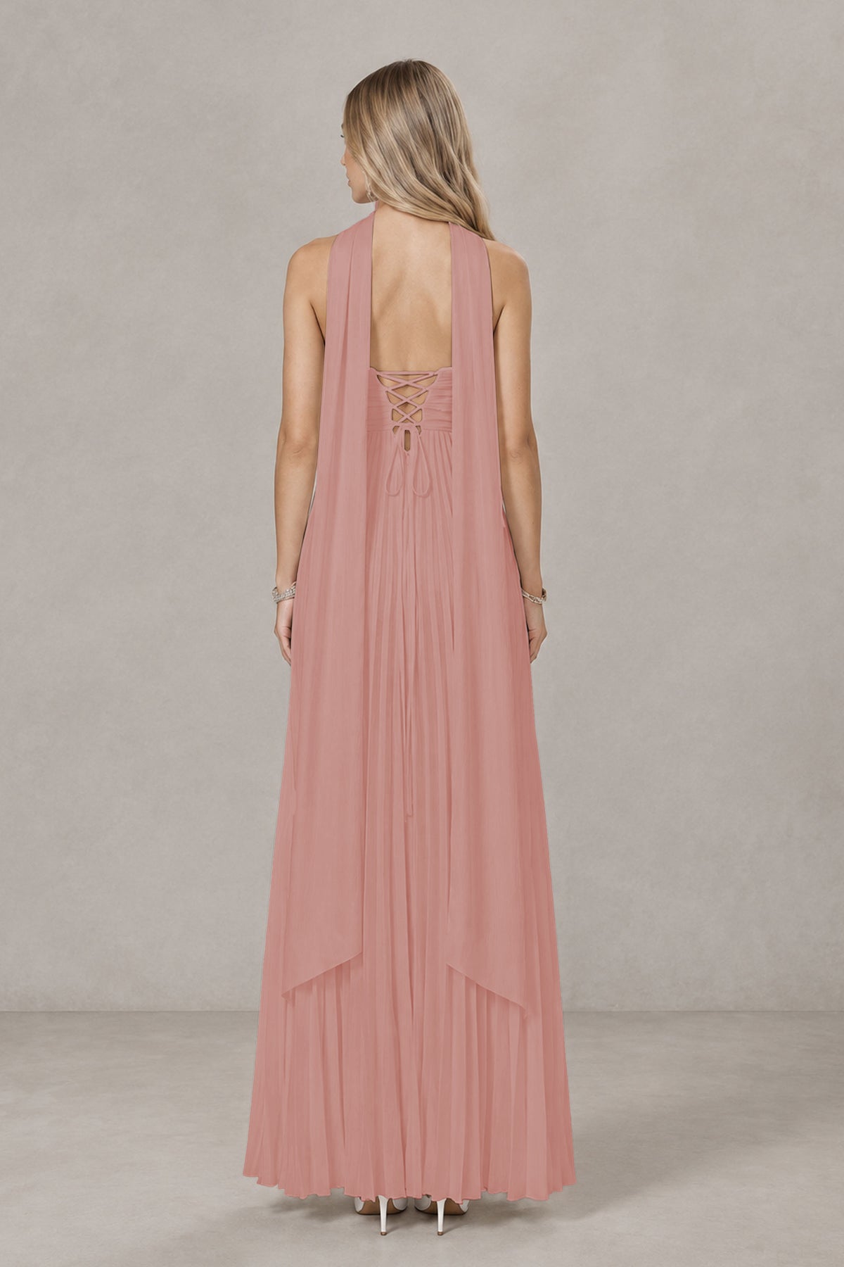 BOLODOO Dusty Rose Strapless Chiffon-Look Maxi Dress with Lace-Up Back & Cape - Dusty Rose