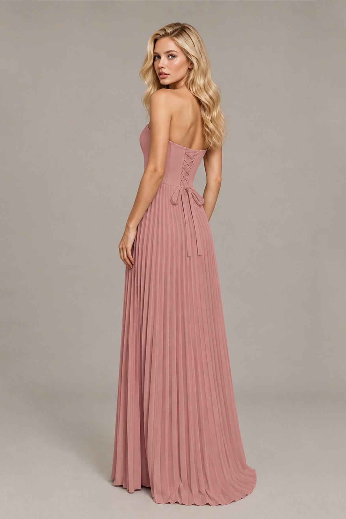 BOLODOO Dusty Rose Strapless Sunburst Pleated Twisted Knot Lace-Up Back Accordion Pleated Chiffon Maxi Dress - Dusty Rose