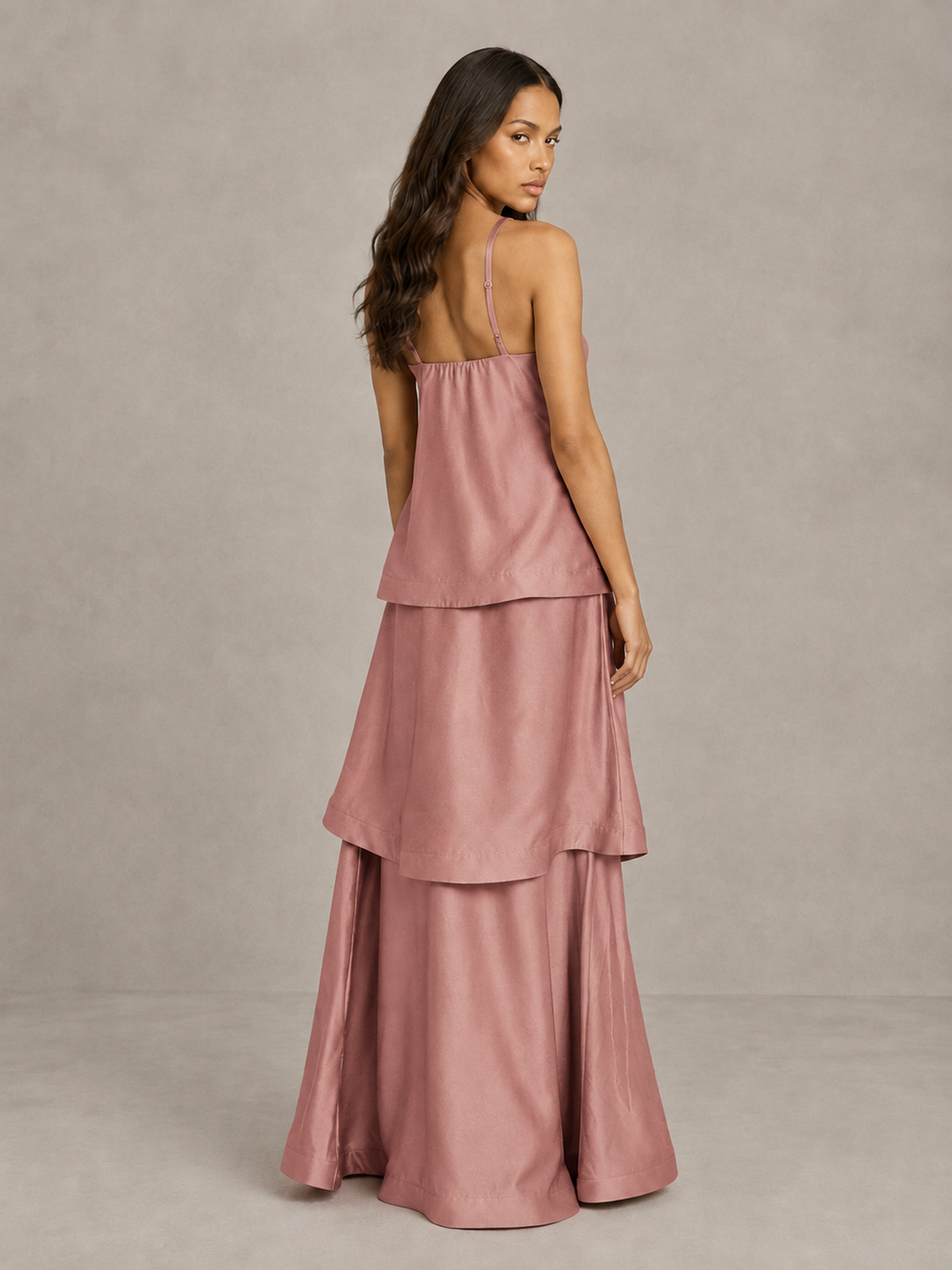 BOLODOO Dusty Rose Satin Tiered Maxi Dress with Spaghetti Straps - Dusty Rose