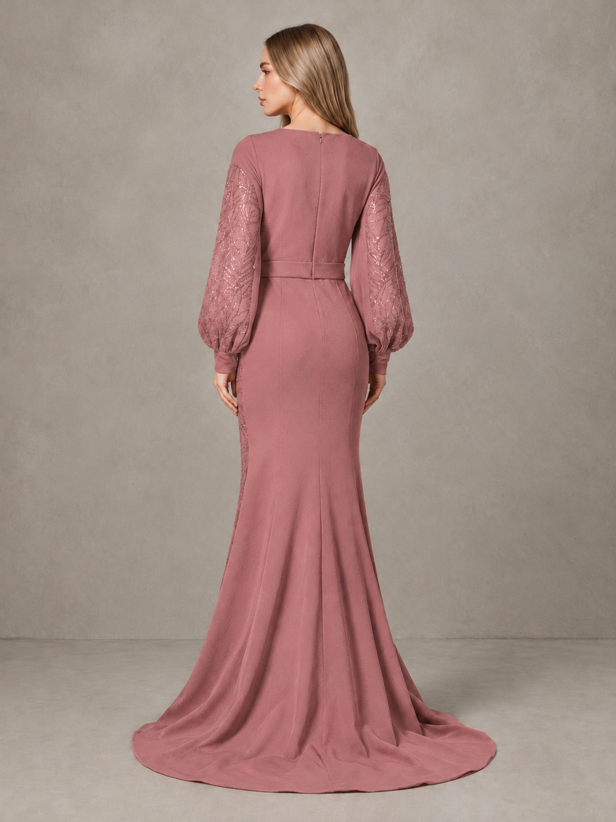 BOLODOO Dusty Rose Sequin Long Bishop Sleeve Mermaid Evening Dress - Dusty Rose - Dusty Rose (2)
