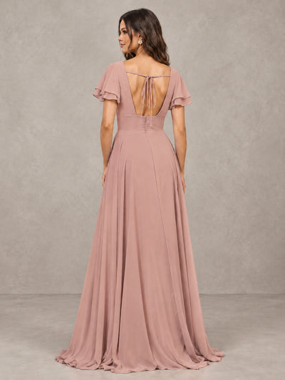 BOLODOO Dusty Rose Flutter Sleeve Chiffon A-Line Maxi Bridesmaid Dress with Open Back & Slit - Dusty Rose - Dusty Rose (2)
