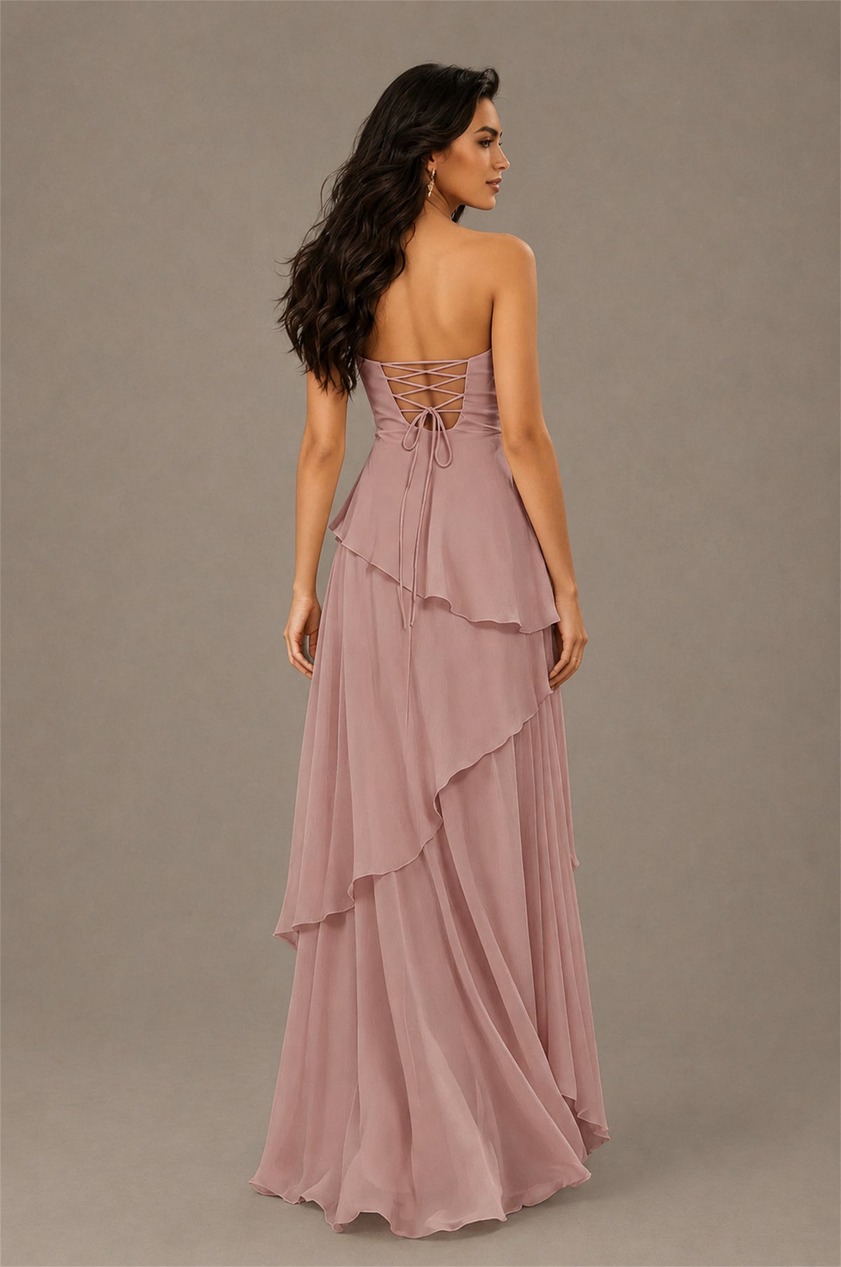 BOLODOO Dusty Rose Strapless Sweetheart Knotted Chiffon Tiered Maxi Dress with Lace-Up Back - Dusty Rose