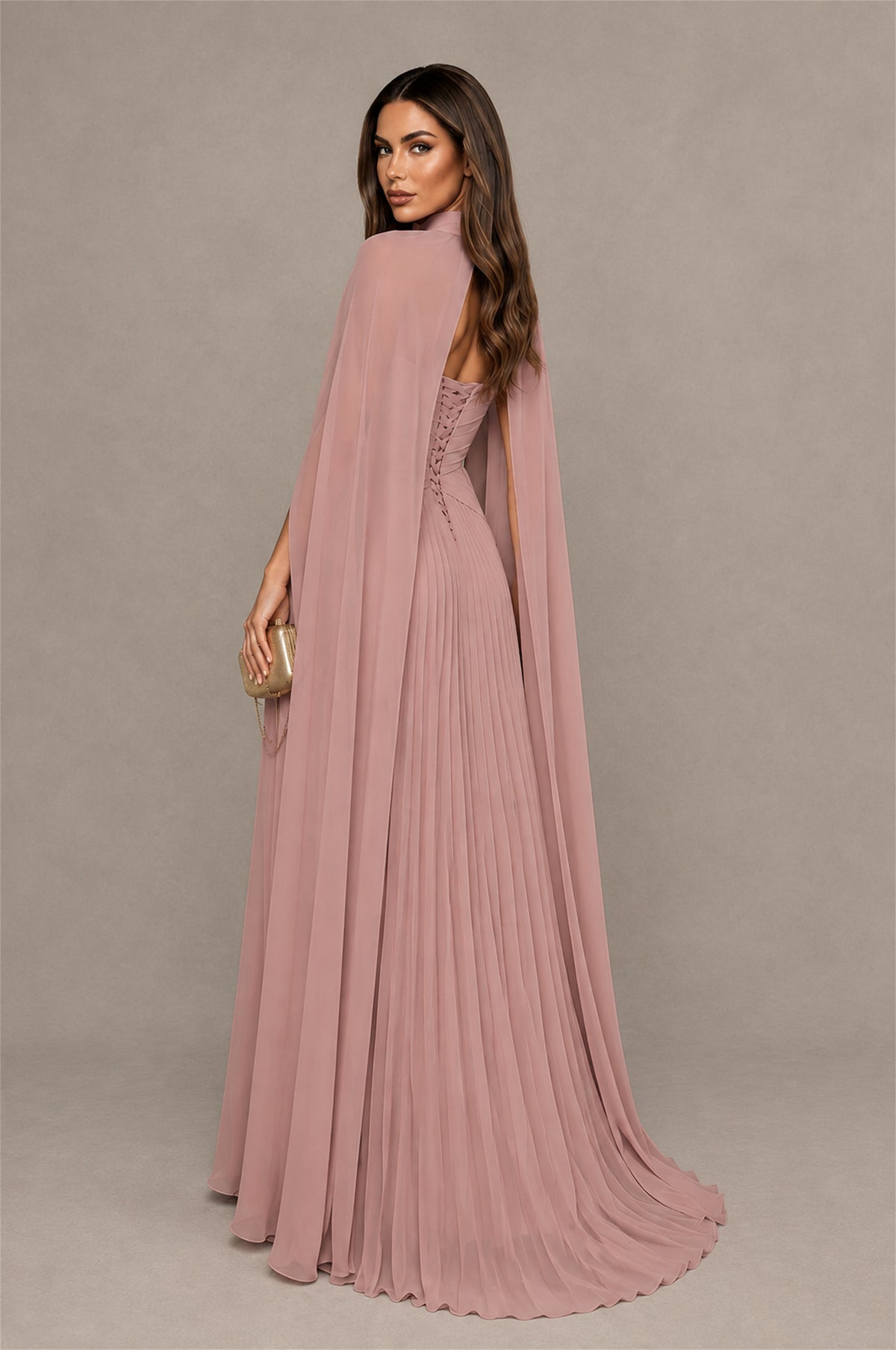 BOLODOO Dusty Rose Strapless Crossover Ruched Bodice Detached Turtleneck Cape Lace-Up Back Pleated Chiffon Maxi Dress - Dusty Rose