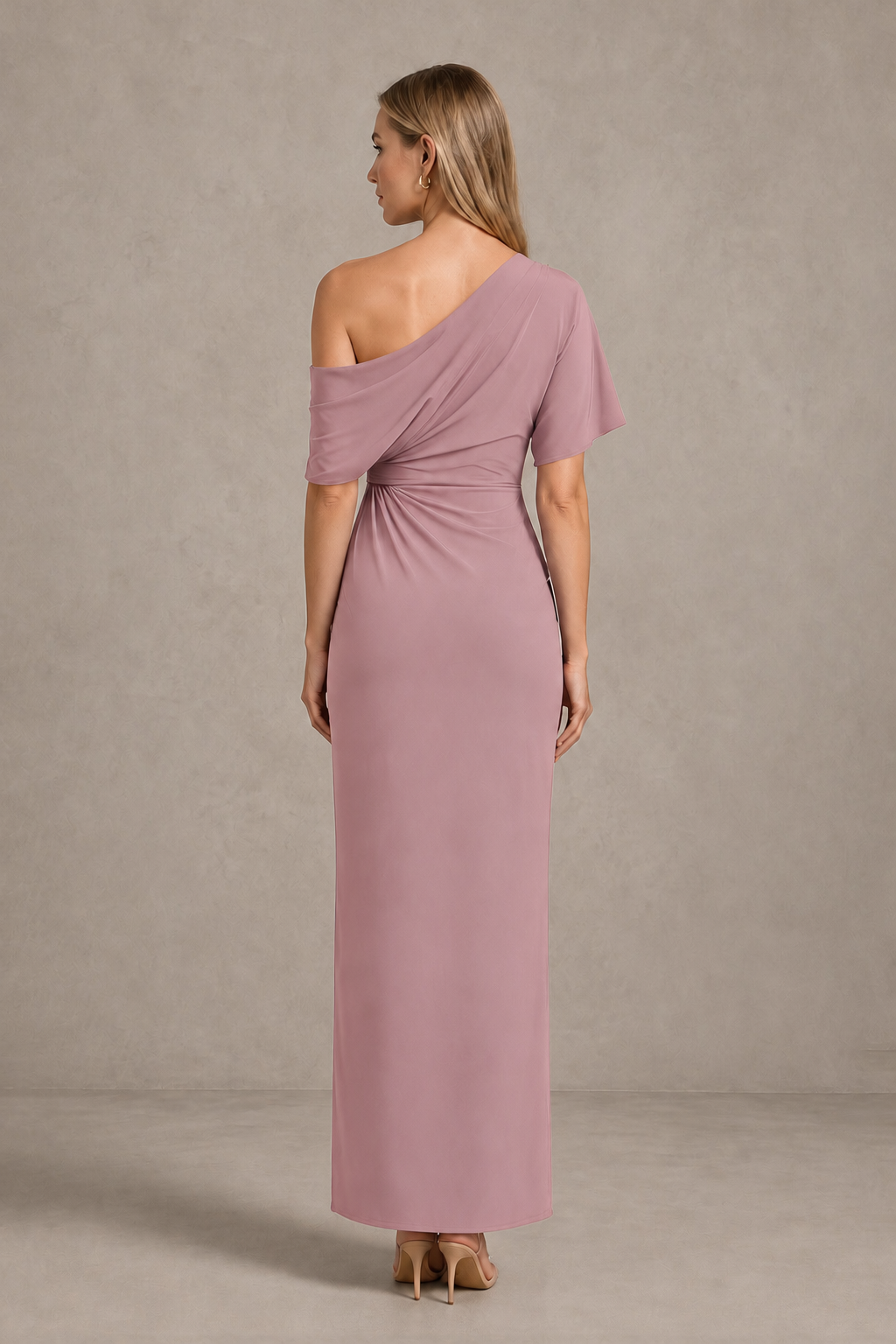 BOLODOO Dusty Rose One-Shoulder Draped Satin Maxi Dress with Front Slit - Dusty Rose