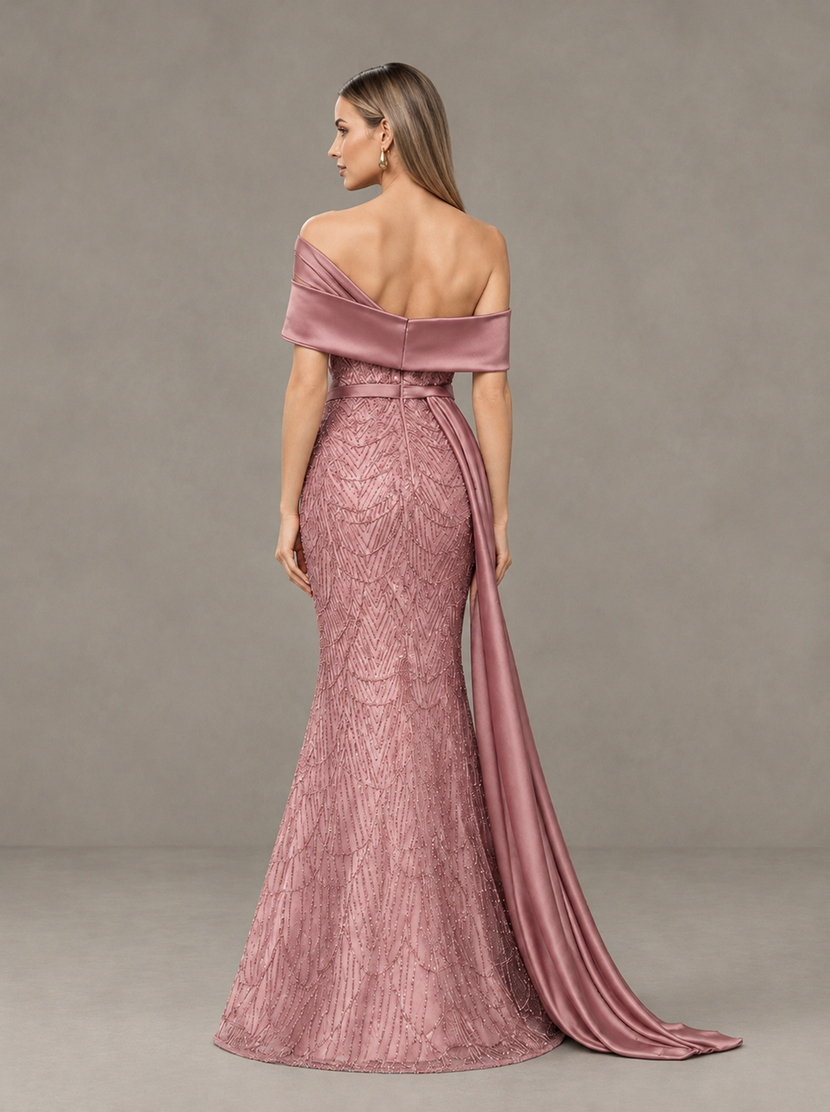 BOLODOO Dusty Rose Asymmetric Draped Mermaid Evening Gown with Train - Dusty Rose - Dusty Rose (2)