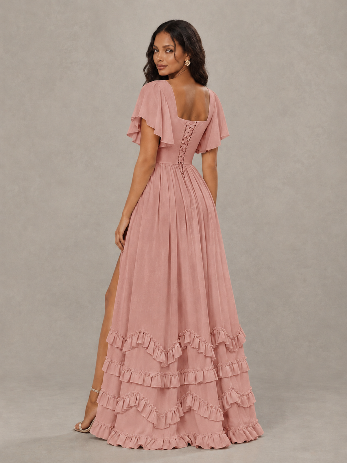 BOLODOO Dusty Rose V-Neck Flutter Sleeve Ruffle Bridesmaid Dress with Slit - Dusty Rose - Dusty Rose (2)