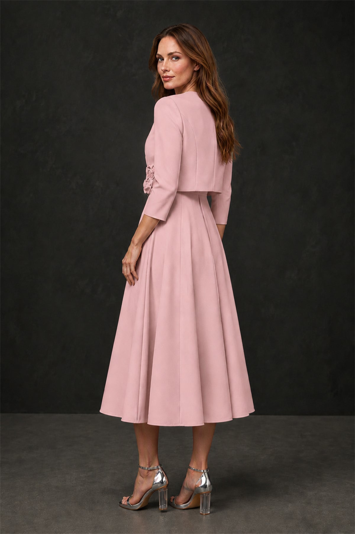 BOLODOO Dusty Rose 3D Rosette Appliqué 3/4 Sleeve Jacket & V-Notch Sleeveless A-Line Tea-Length Two-Piece Dress Set - Dusty Rose