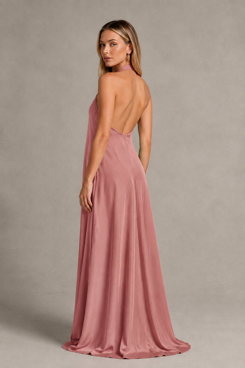 BOLODOO Dusty Rose Backless Halter Satin Bridesmaid Dress - Dusty Rose
