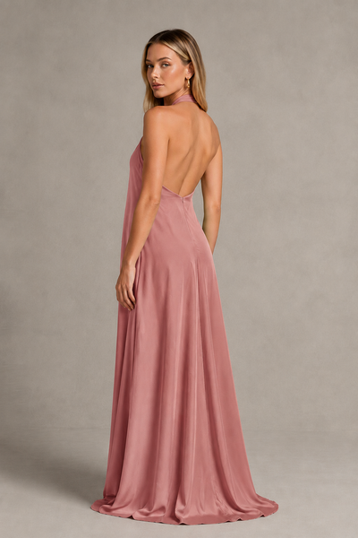 BOLODOO Dusty Rose Backless Halter Satin Bridesmaid Dress - Dusty Rose