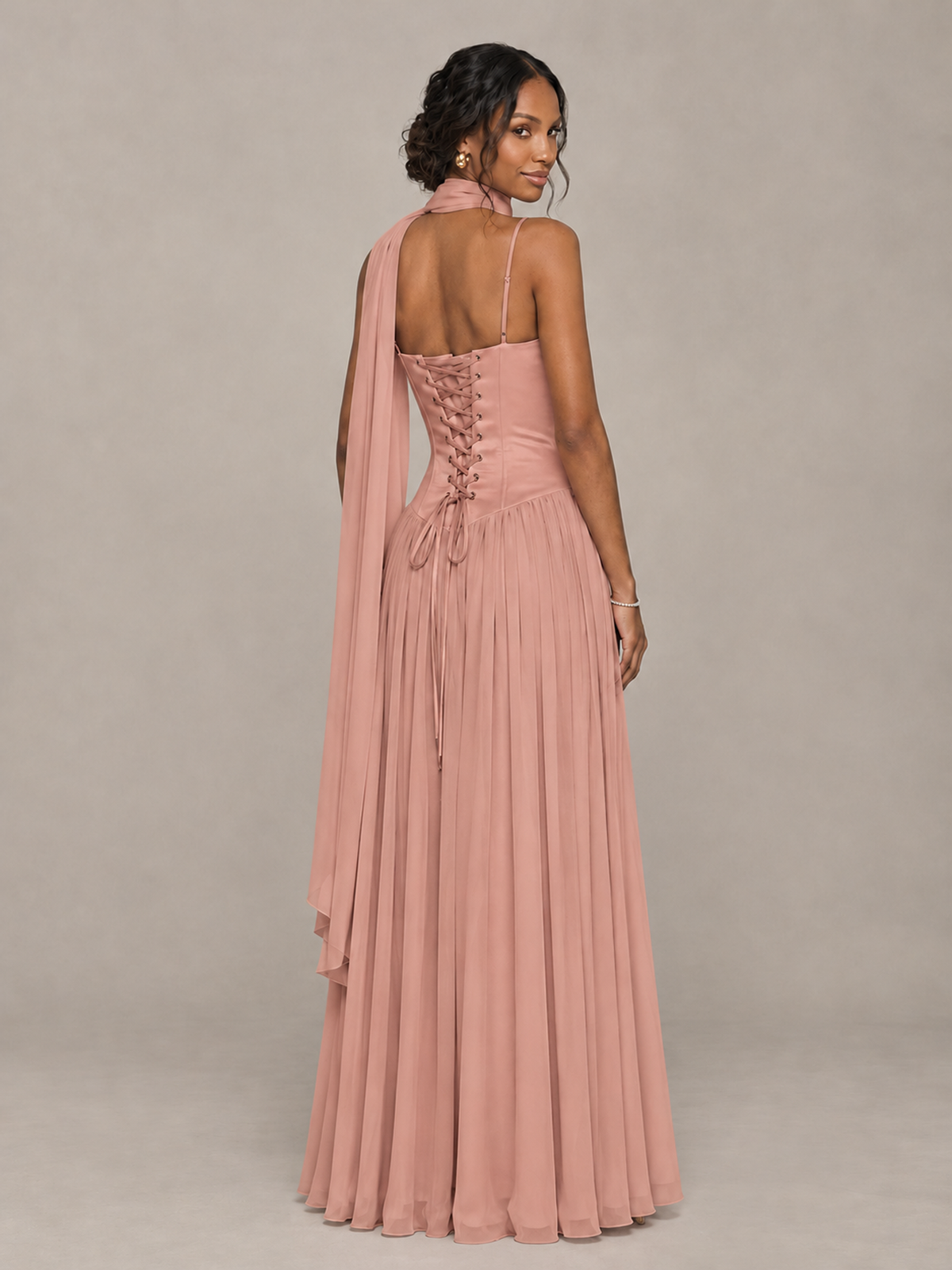 BOLODOO Dusty Rose Corset Bridesmaid Dress with Scarf - Dusty Rose - Dusty Rose (2)