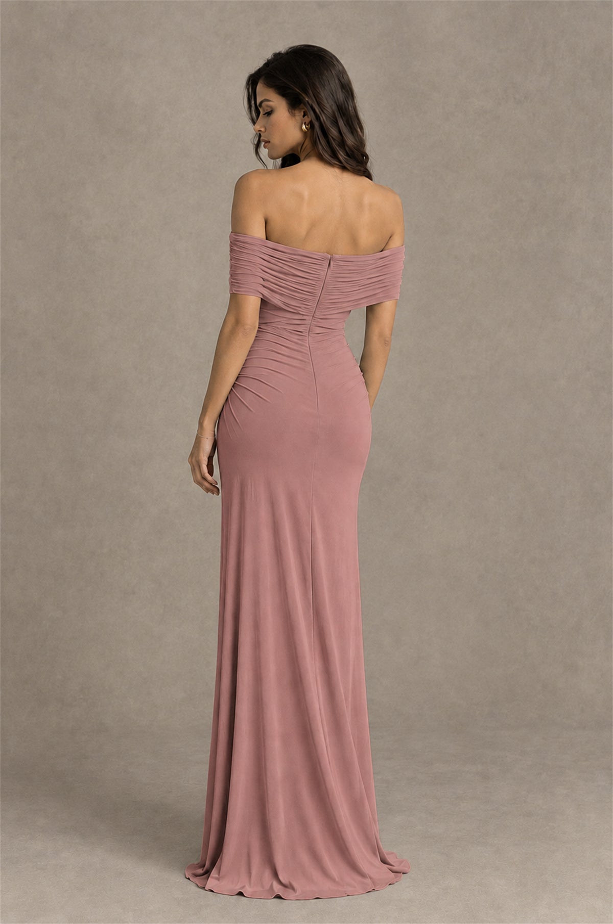 BOLODOO Dusty Rose Off-Shoulder Ruched Maxi Dress - Dusty Rose