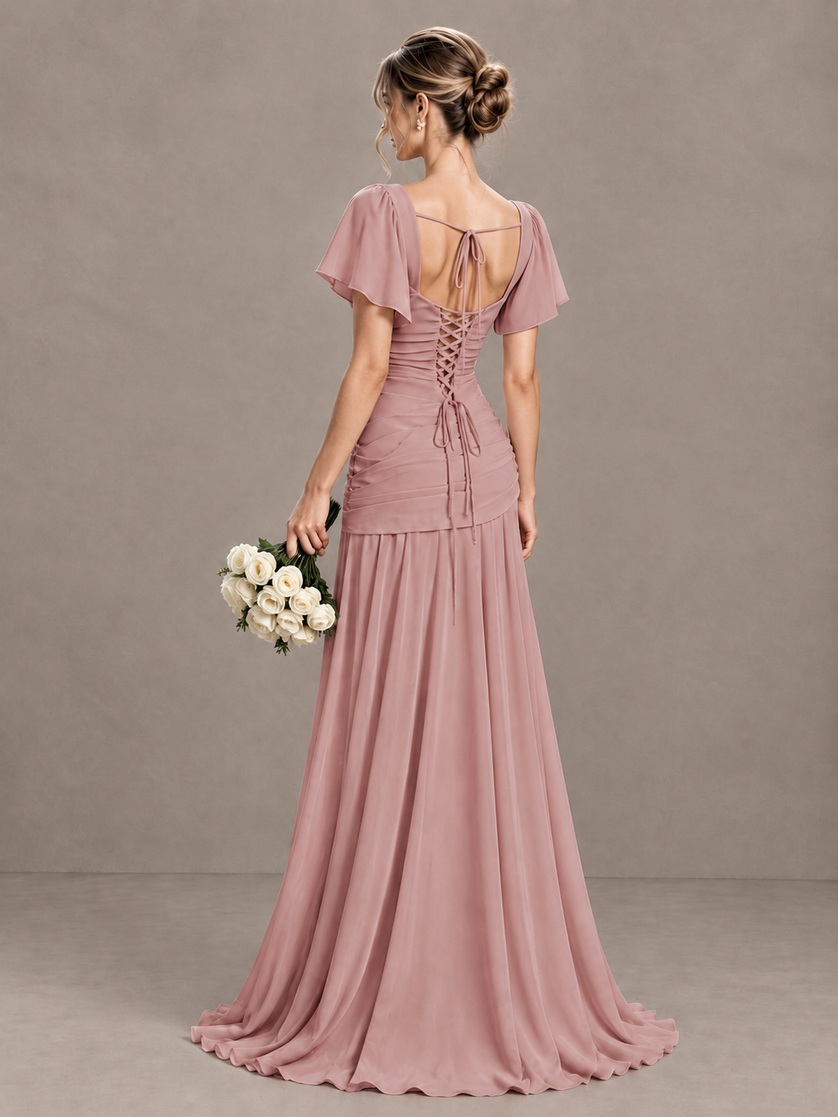 BOLODOO Dusty Rose Flutter Sleeve Lace-Up Back Maxi Dress - Dusty Rose