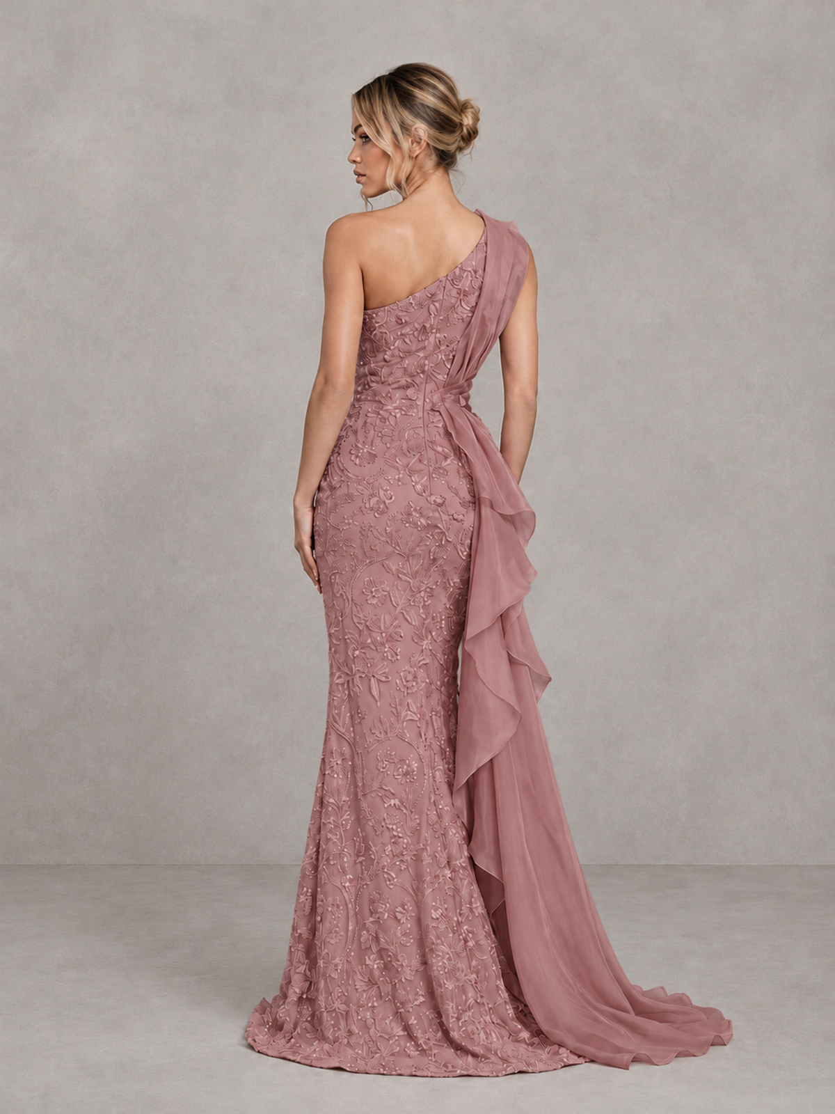 BOLODOO Dusty Rose One-Shoulder Floral Lace Evening Gown with High Slit - Dusty Rose - Dusty Rose (2)