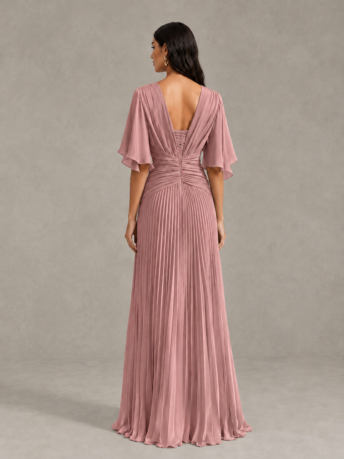 BOLODOO Dusty Rose Pleated V-Neck Flutter Sleeve Bridesmaid Dress - Dusty Rose - Dusty Rose (2)