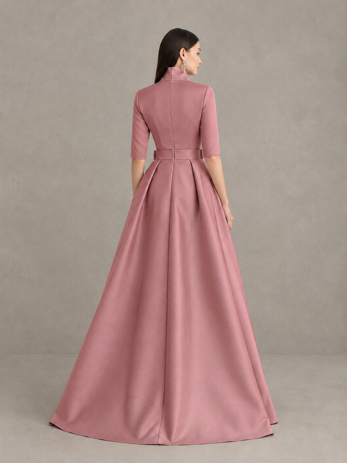 BOLODOO Dusty Rose Stand Collar Bow Waist Floral Embroidered Evening Gown - Dusty Rose - Dusty Rose (2)