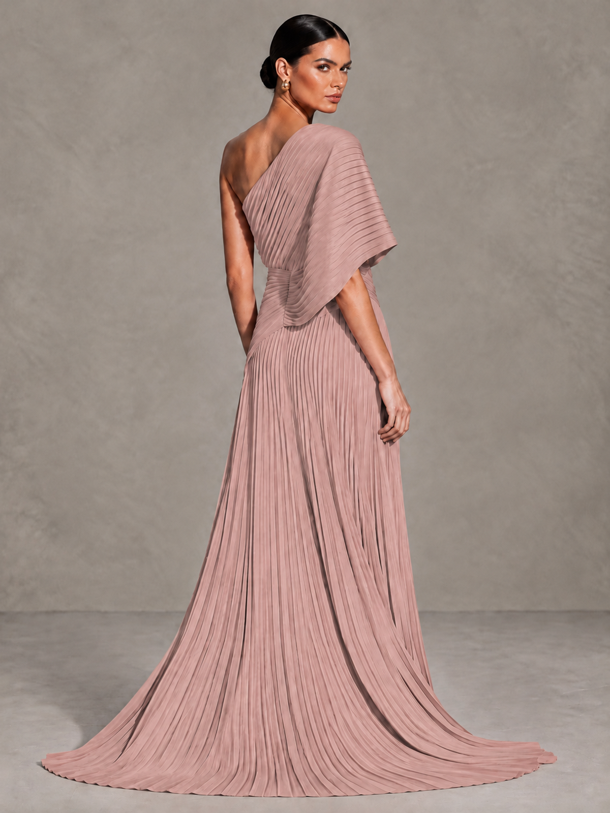BOLODOO Dusty Rose One-Shoulder Pleated Cape Evening Gown with Train - Dusty Rose - Dusty Rose (2)