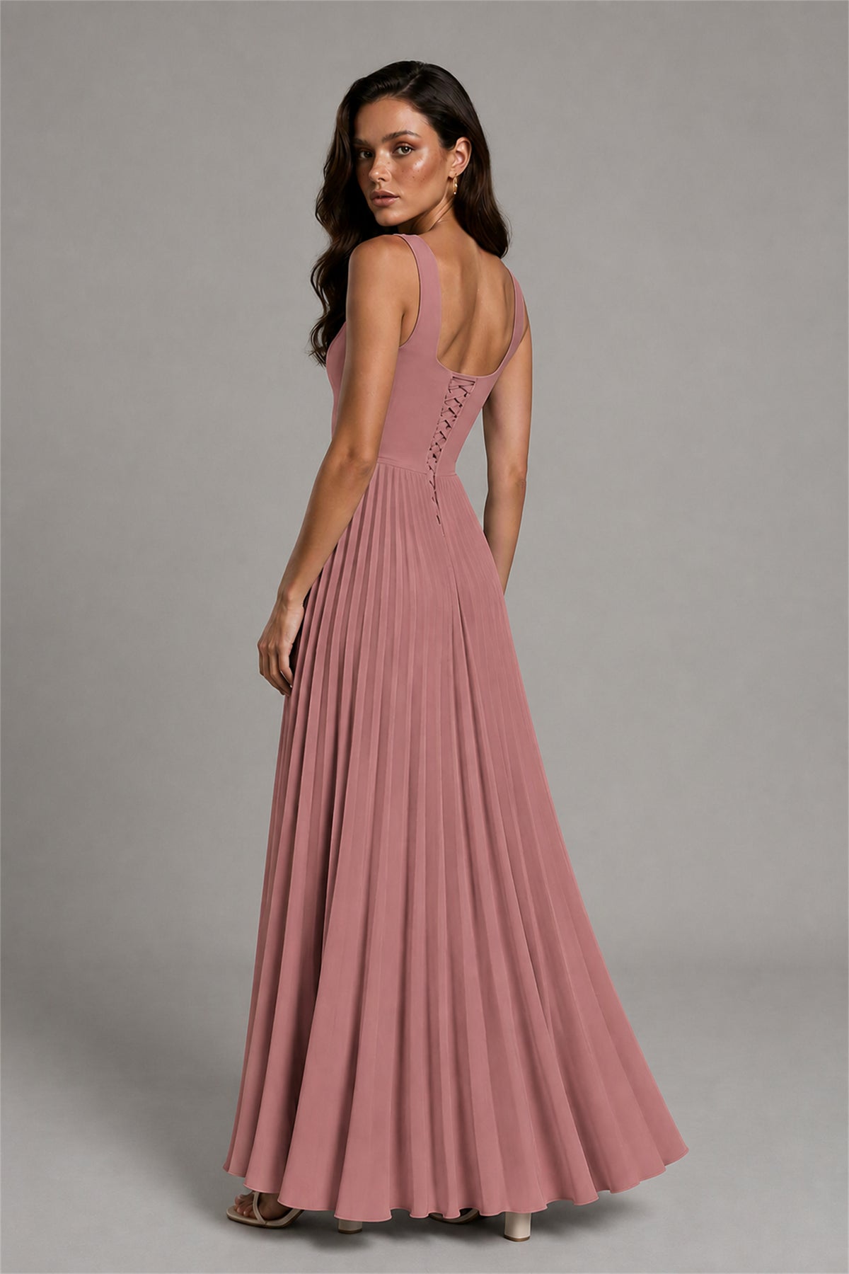 BOLODOO Dusty Rose Square Neck Wide Strap Lace-Up Back Pleated A-Line Chiffon Maxi Dress - Dusty Rose