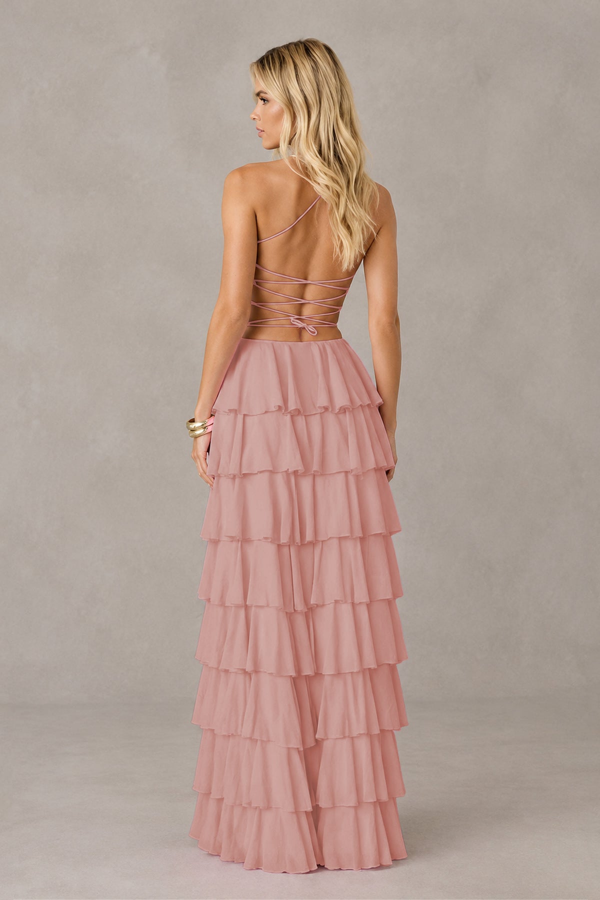 BOLODOO Dusty Rose Strapless Tiered Ruffle Maxi Dress with Slit & Lace-Up Back - Dusty Rose