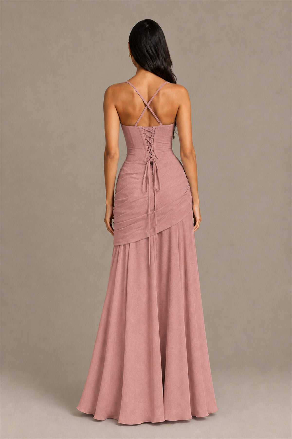 BOLODOO Square Neck Ruched A-Line Maxi Dress - Dusty Rose Backless Evening Gown - Dusty Rose