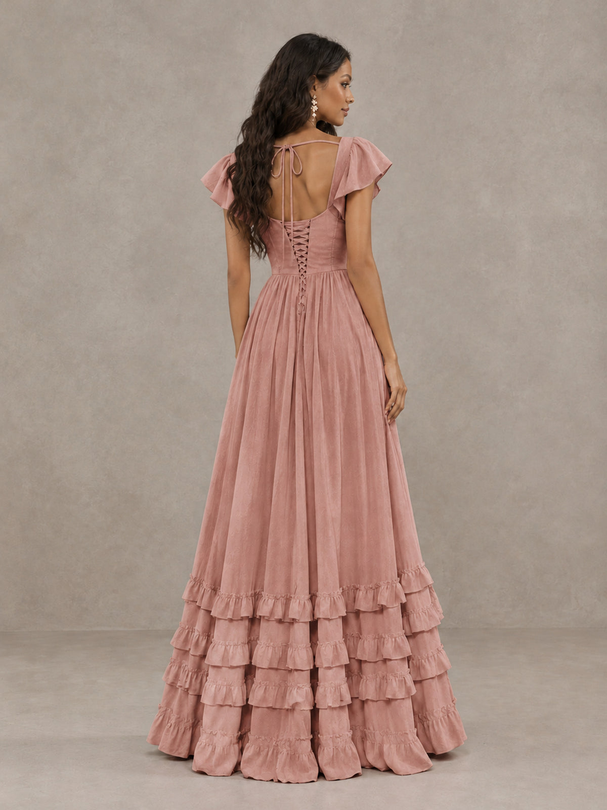 BOLODOO Dusty Rose Flutter Sleeve Ruffle Bridesmaid Dress with Slit - Dusty Rose - Dusty Rose (2)
