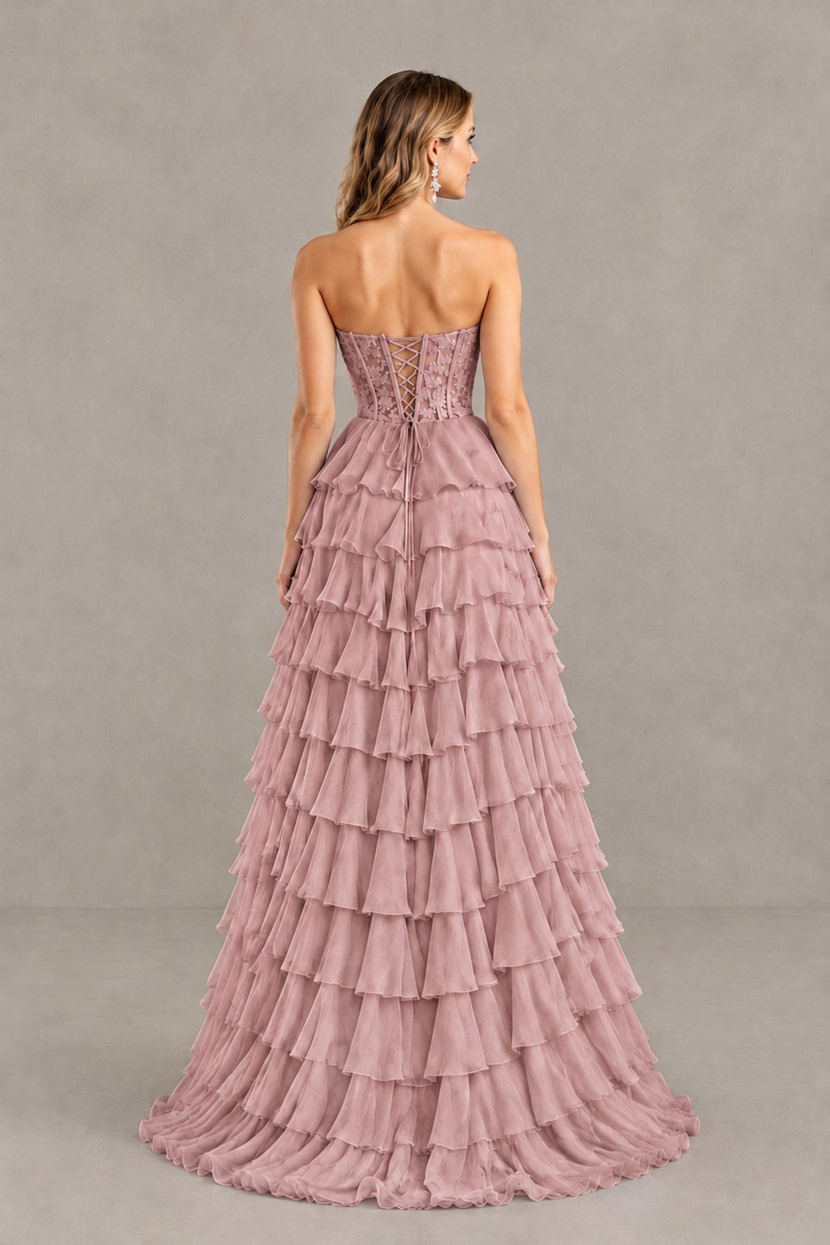 BOLODOO Dusty Rose Strapless Lace Corset Tiered Ruffle Prom Dress with Slit - Dusty Rose - Dusty Rose (2)